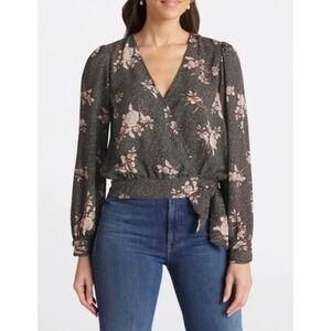 NINE BRITTON Women's XXL Cassie Black Floral Faux Wrap Long Sleeve Cropped Top